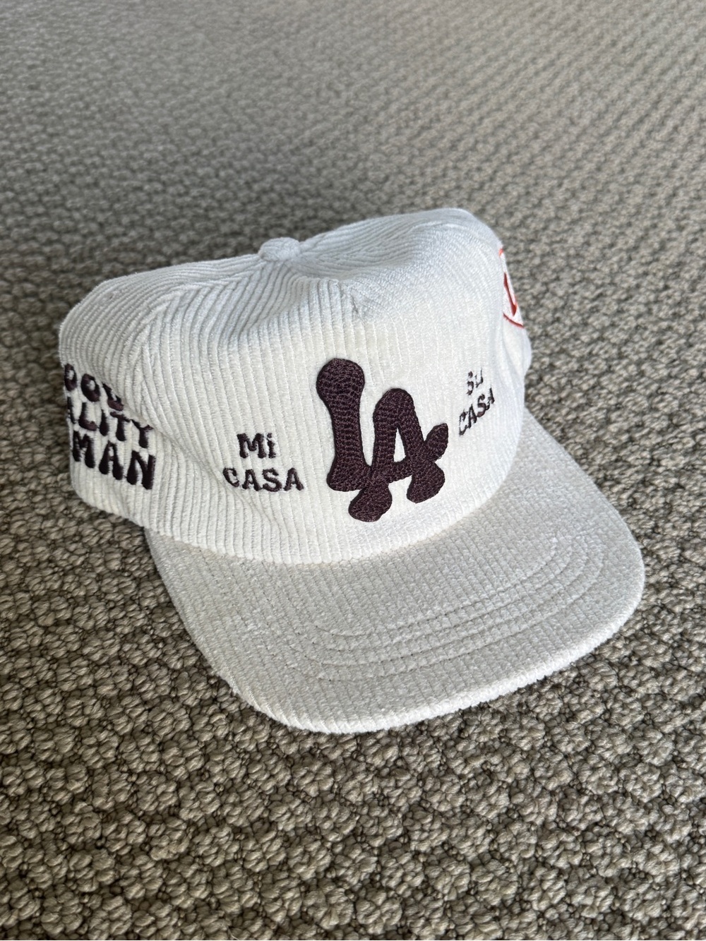 White Corduroy Baseball Cap with Embroidered LA Logo